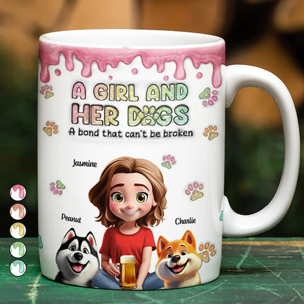A Girl And Her Dogs 3D Effect Glitter - Personalized White Edge-to-Edge Mug