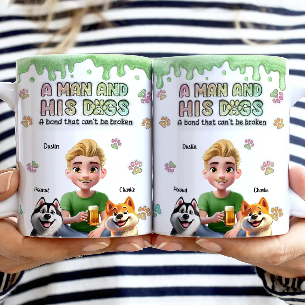 Dog Lovers,Dog Mom,Dog Dad,Happy - A Girl And Her Dogs 3D Effect Glitter - Personalized White Edge-to-Edge Mug