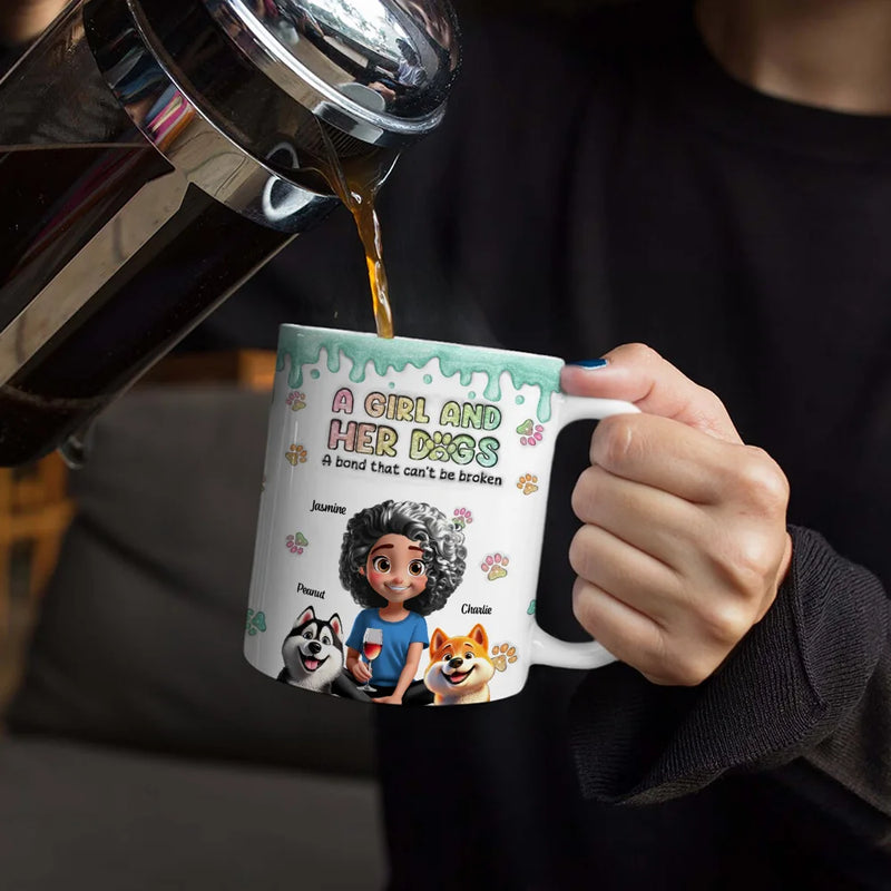 Dog Lovers,Dog Mom,Dog Dad,Happy - A Girl And Her Dogs 3D Effect Glitter - Personalized White Edge-to-Edge Mug