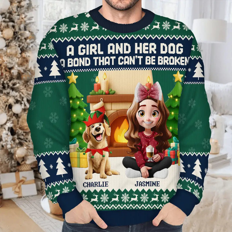 Pet Lovers,Pet Mom,Pet Dad,Dog Lovers,Dog Mom,Dog Dad - A Girl And Her Dogs A Bond That Can't Be Broken - Personalized Unisex Ugly Sweater