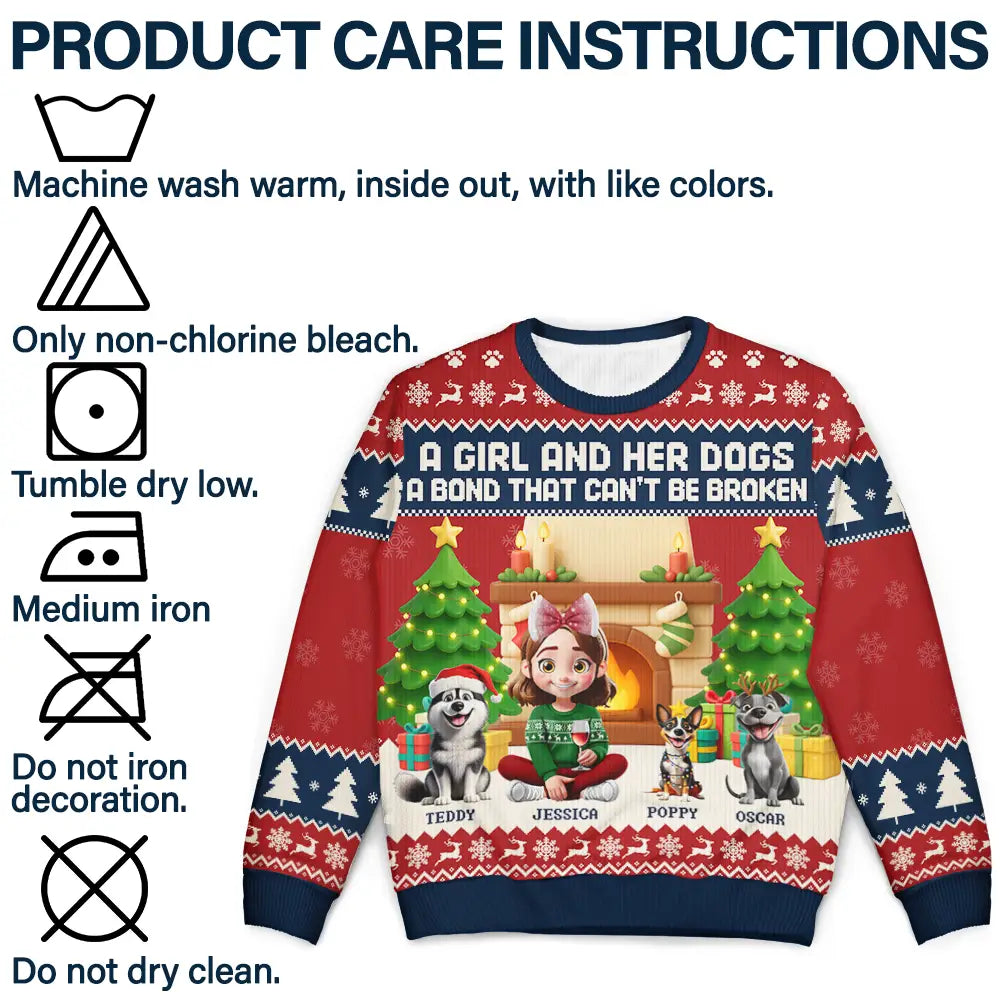 Pet Lovers,Pet Mom,Pet Dad,Dog Lovers,Dog Mom,Dog Dad - A Girl And Her Dogs A Bond That Can't Be Broken - Personalized Unisex Ugly Sweater