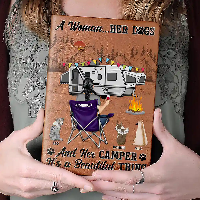 Camping,Campsite,Funny,Dog Lovers - A Girl Her Dogs Camping - Personalized Leather Journal