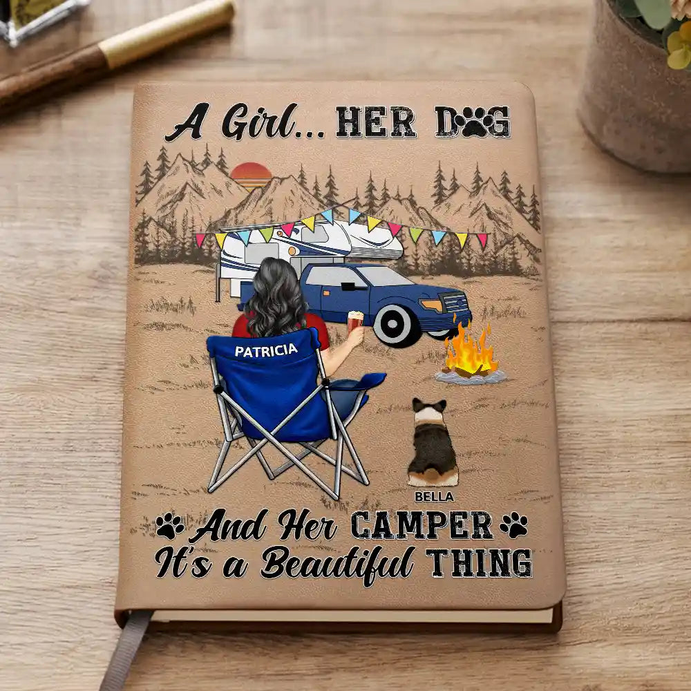 Camping,Campsite,Funny,Dog Lovers - A Girl Her Dogs Camping - Personalized Leather Journal