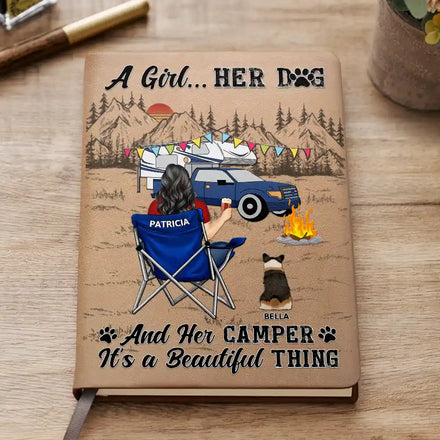 A Girl Her Dogs Camping - Personalized Leather Journal