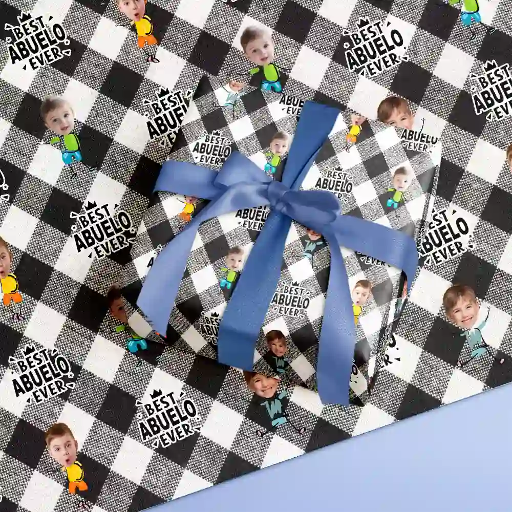 Gift For Grandpa,Gift For Father,Happy - Custom Photo Best Grandpa Ever Plaid Checkered Pattern - Personalized Wrapping Paper