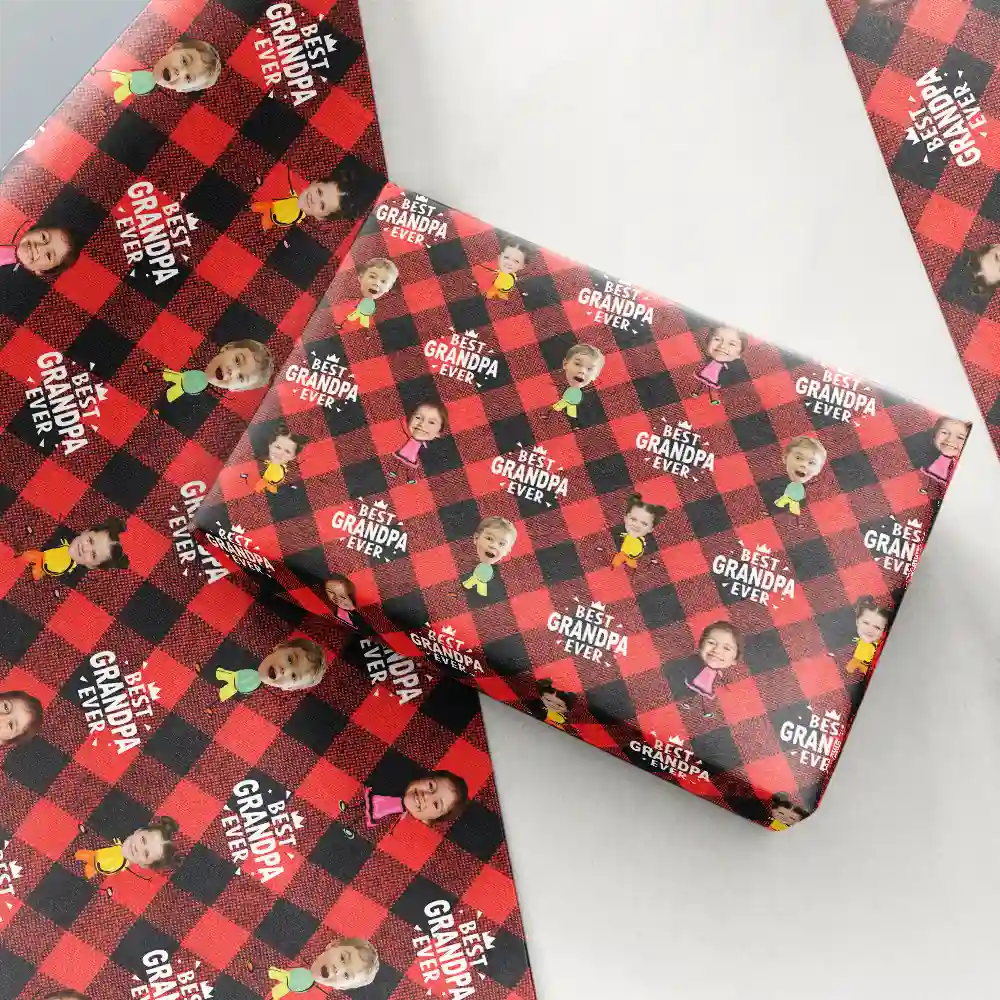 Gift For Grandpa,Gift For Father,Happy - Custom Photo Best Grandpa Ever Plaid Checkered Pattern - Personalized Wrapping Paper