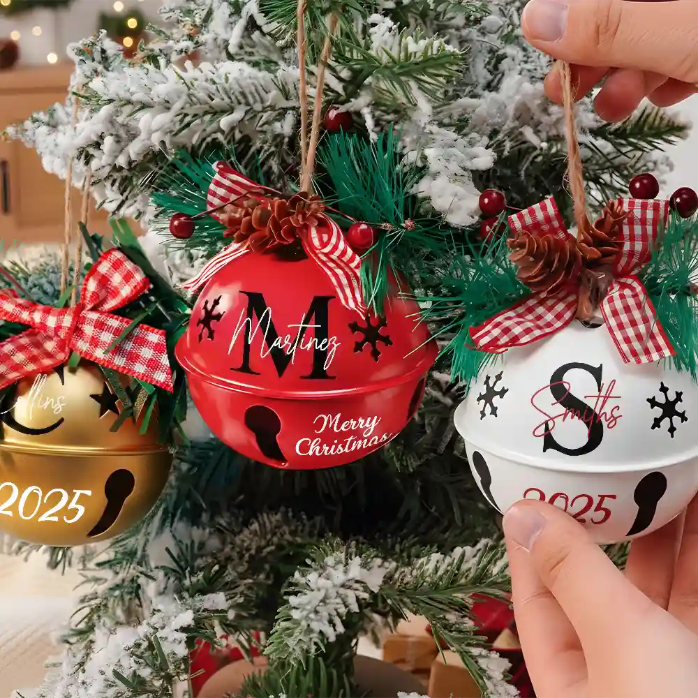 Christmas,Family,Happy - Christmas Bell With Monogram Name - Personalized Jingle Bell Ornament