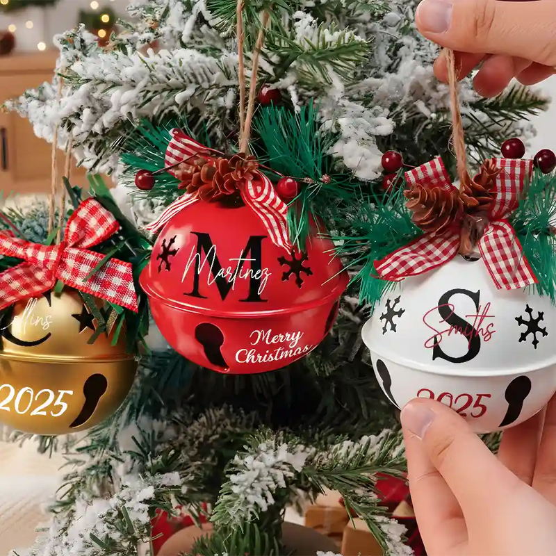Christmas,Family,Happy - Christmas Bell With Monogram Name - Personalized Jingle Bell Ornament