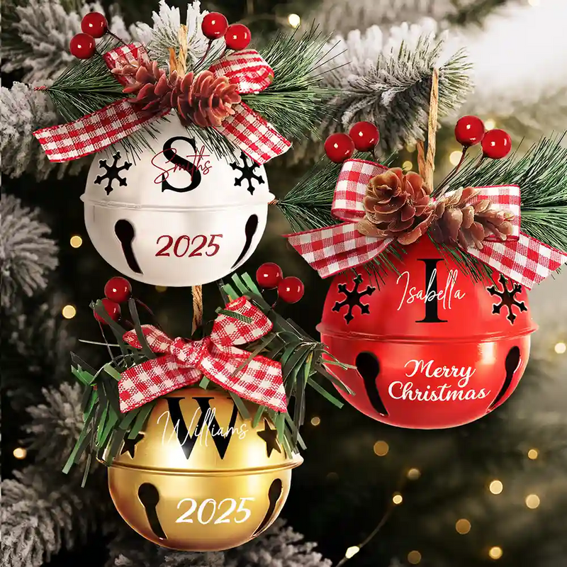Christmas,Family,Happy - Christmas Bell With Monogram Name - Personalized Jingle Bell Ornament