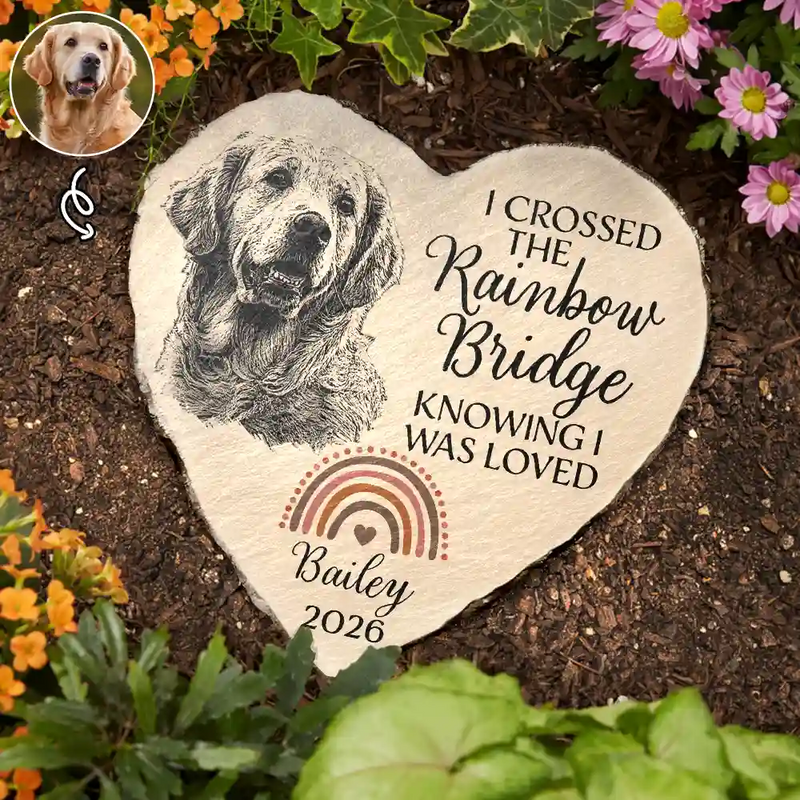 Love,Cat Lovers,Pet Lovers,Dog Lovers,Memorial - Custom Photo Pencil Sketch I Crossed The Rainbow Bridge Knowing I Was Loved - Personalized Heart Memorial Garden Stone