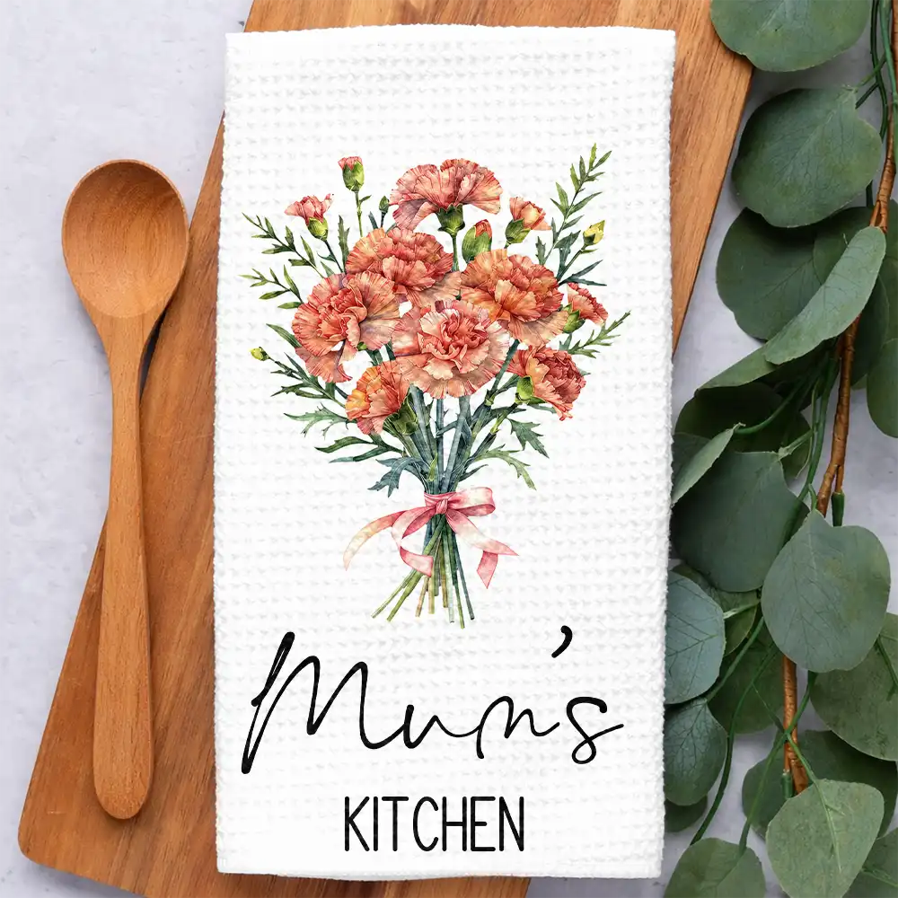 Gift For Wife,Gift For Mother,Gift For Grandma,Happy - Mom Grandma Kitchen Watercolor Birth Flower Bouquet - Personalized Kitchen Towel