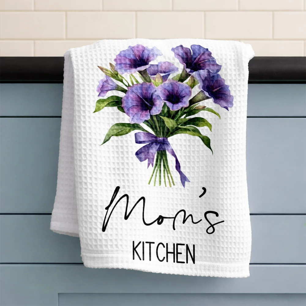 Gift For Wife,Gift For Mother,Gift For Grandma,Happy - Mom Grandma Kitchen Watercolor Birth Flower Bouquet - Personalized Kitchen Towel