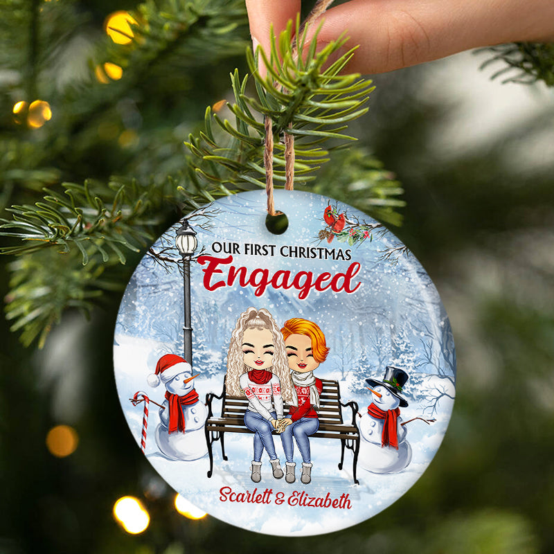 Christmas Family Chibi Couple Our First Christmas Together - Gift For Couples - Personalized Custom Circle Ceramic Ornament