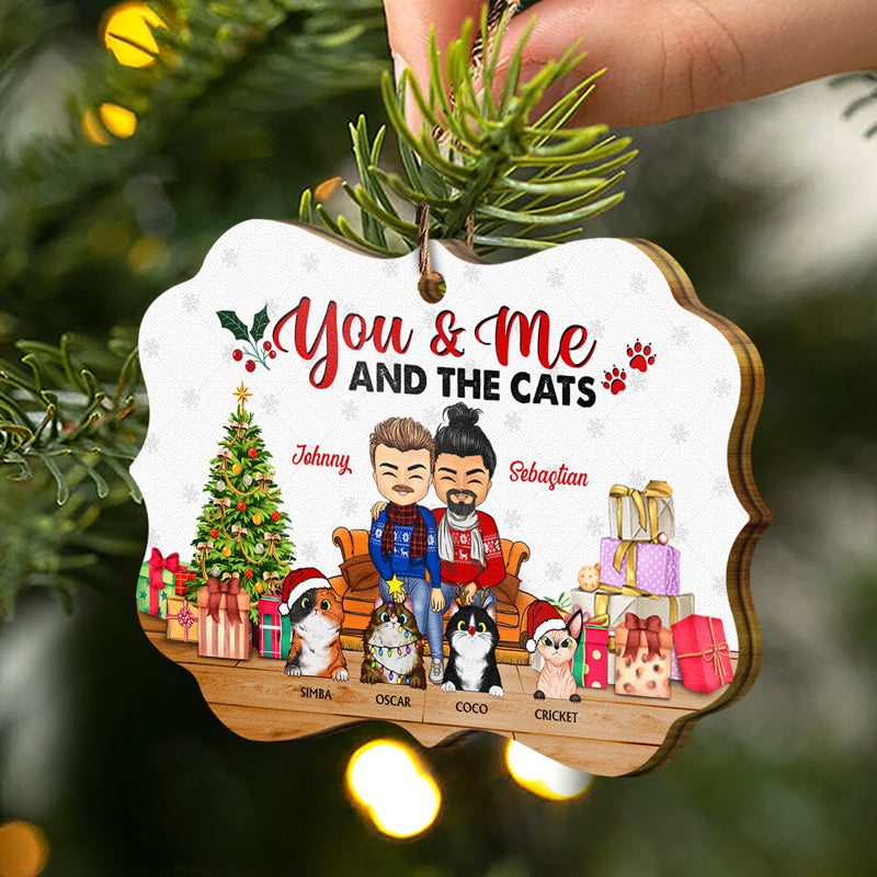 Christmas Chibi Couple You & Me And The Pets - Christmas Gift For Dog Lovers And Cat Lovers - Personalized Wooden Ornament