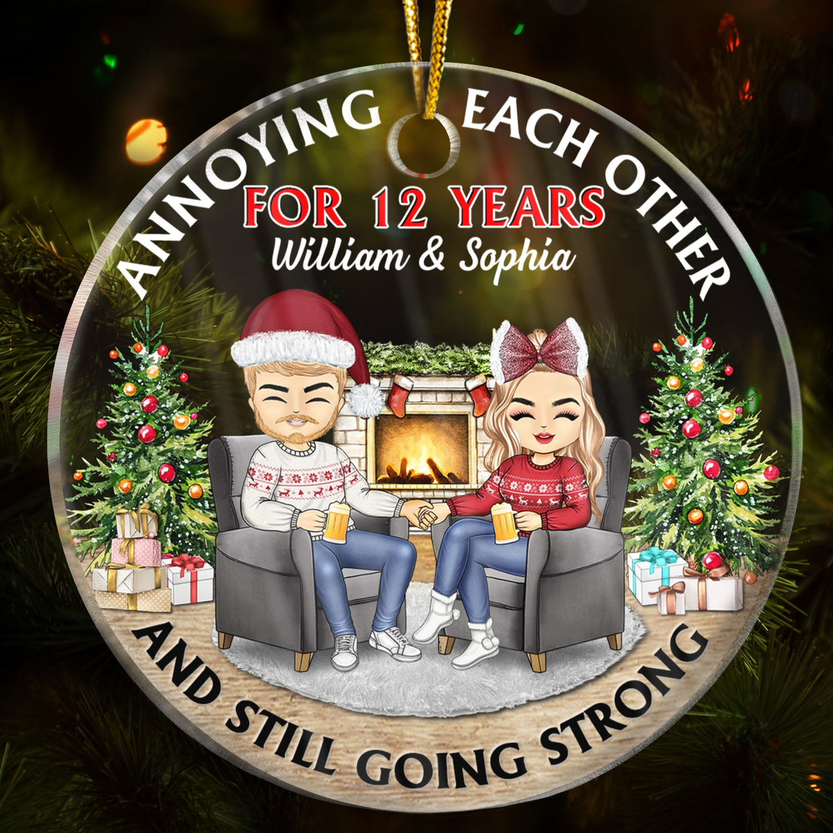 Christmas Family Chibi Couple Annoying Each Other Since - Gift For Couples - Personalized Custom Circle Acrylic Ornament