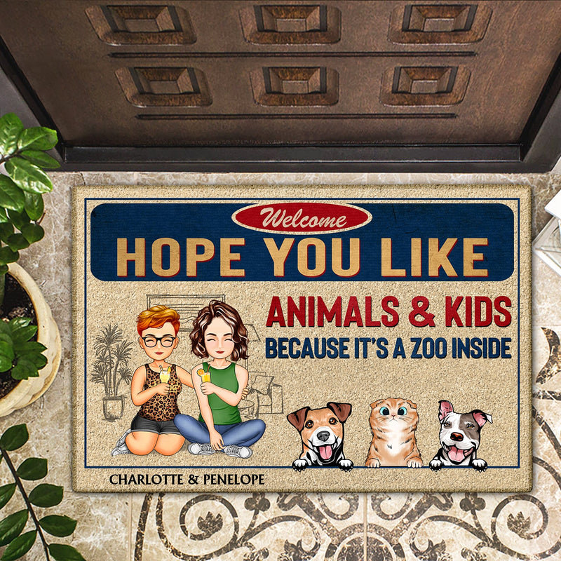 Family Hope You Like Animals And Kids - Anniversary, Birthday, Home Decor Gift For Husband, Wife, Couple, Pet Loves - Personalized Custom Doormat
