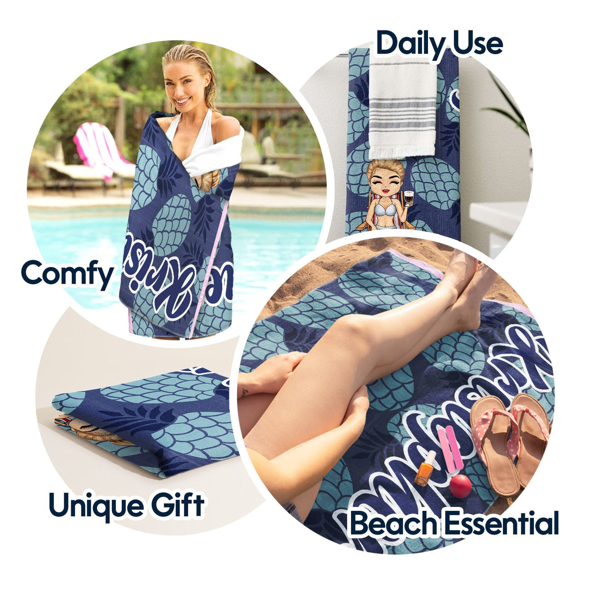 Vacation Stripe Flamingo Lobster Pineapple Shark - Birthday, Anniversary, Travel Gift For Woman, Man - Personalized Beach Towel