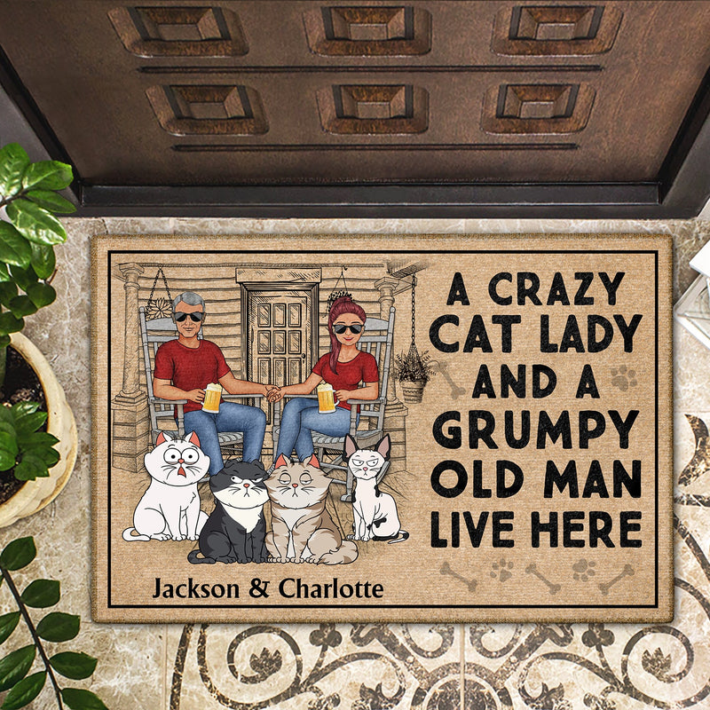A Crazy Cat Lady And Her Grumpy Old Man Live Here - Home Decor For Couples, Pet Lovers - Personalized Doormat