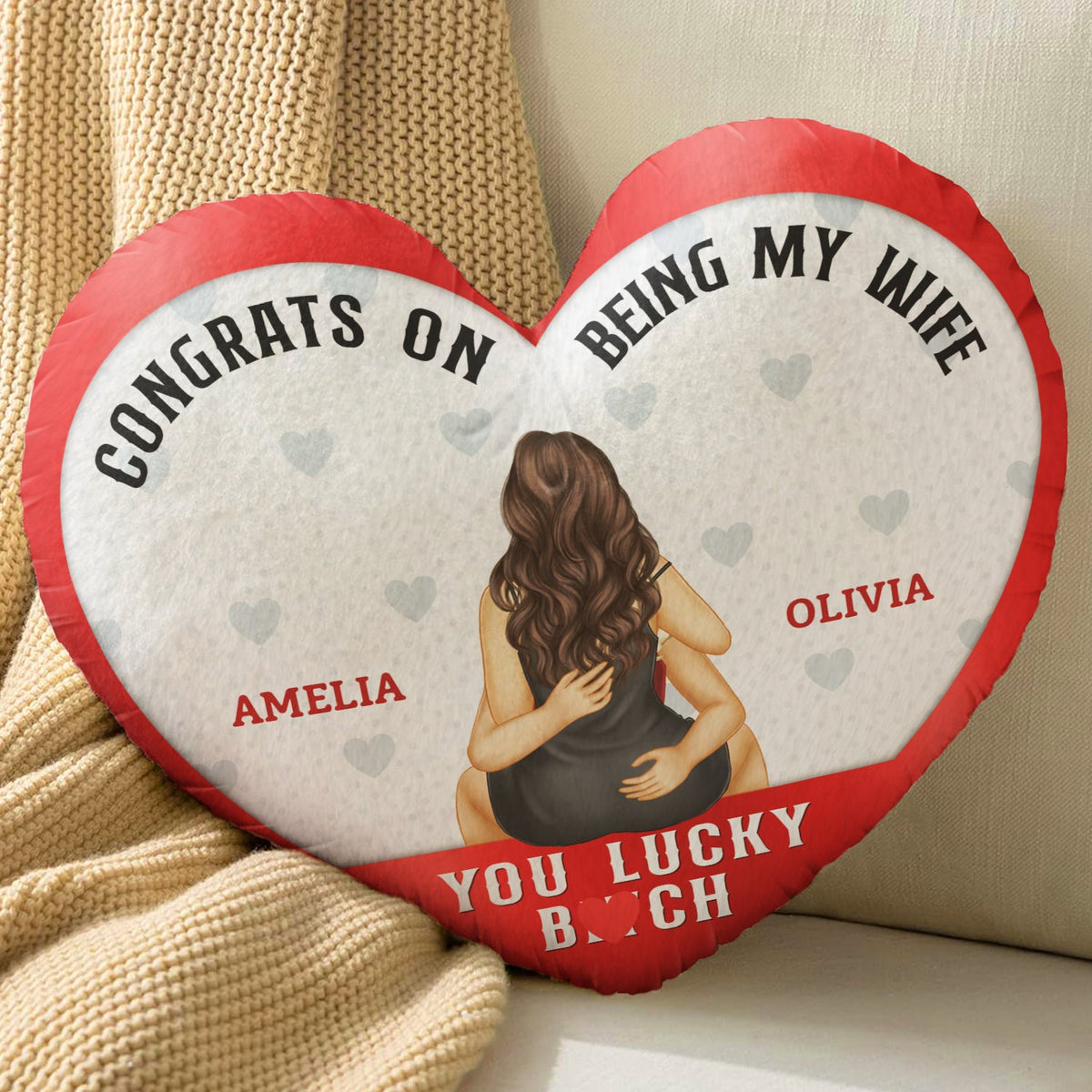 Congrats On Being My Husband - Gift For Couples, Husband And Wife - Personalized Heart Shaped Pillow