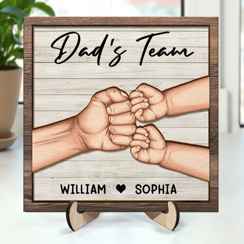 Dad And Kids Together We're A Team - Personalized 2-Layered Wooden Plaque With Stand