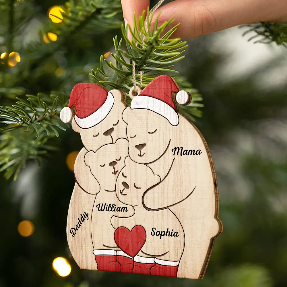Christmas Bear Family - Personalized Custom Shaped Wooden Ornament