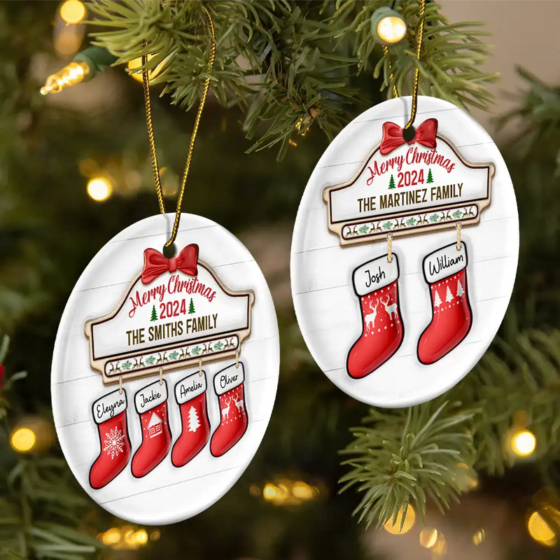 Family Red Sock Stocking Merry Christmas 2024 - 3D Inflated Effect Printed Personalized Circle Ceramic Ornament