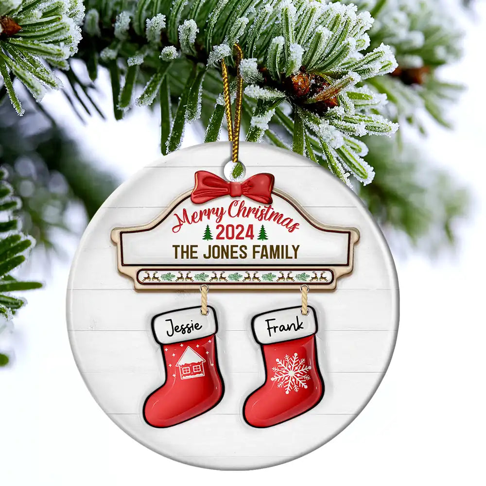 Family Red Sock Stocking Merry Christmas 2024 - 3D Inflated Effect Printed Personalized Circle Ceramic Ornament