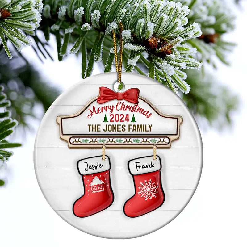 Family Red Sock Stocking Merry Christmas 2024 - 3D Inflated Effect Printed Personalized Circle Ceramic Ornament