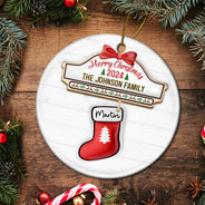 Family Red Sock Stocking Merry Christmas 2024 - 3D Inflated Effect Printed Personalized Circle Ceramic Ornament