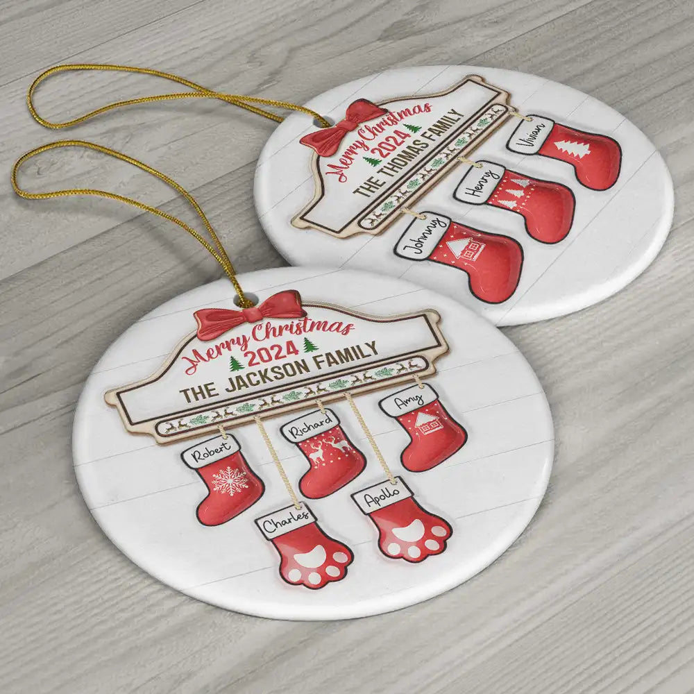 Family Red Sock Stocking Merry Christmas 2024 - 3D Inflated Effect Printed Personalized Circle Ceramic Ornament