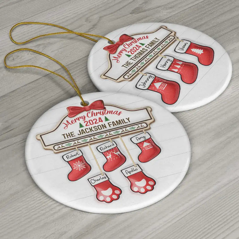 Family Red Sock Stocking Merry Christmas 2024 - 3D Inflated Effect Printed Personalized Circle Ceramic Ornament