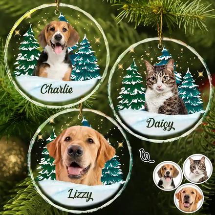 Custom Photo Pet Face Christmas Trees - Personalized Combo Circle Glass Ornament