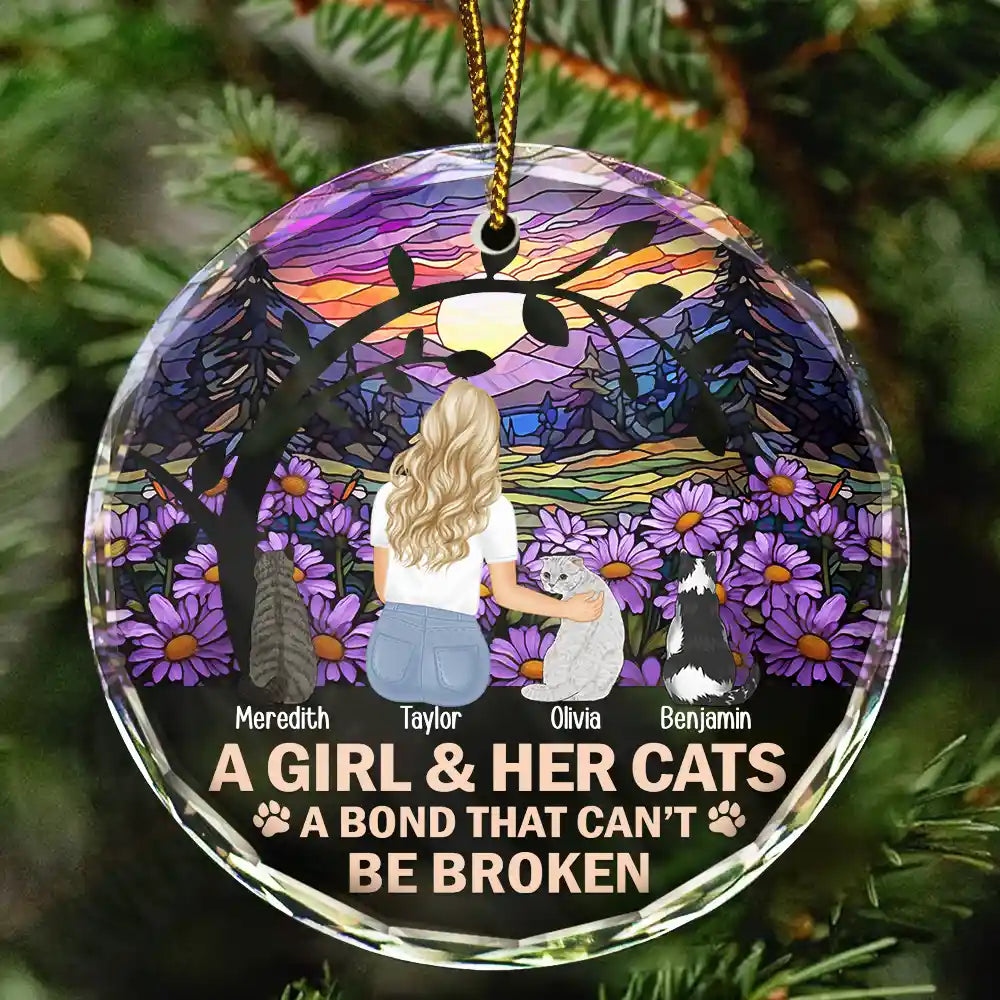Flower Field A Girl And Her Dog And Cat - Personalized Circle Glass Ornament
