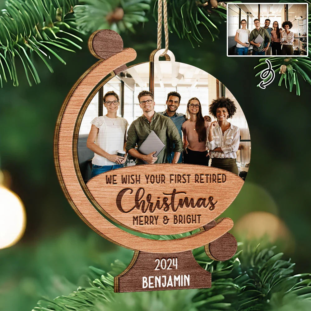 Custom Photo We Wish Your First Retired Christmas Merry & Bright - Personalized Custom Shaped Wooden Ornament