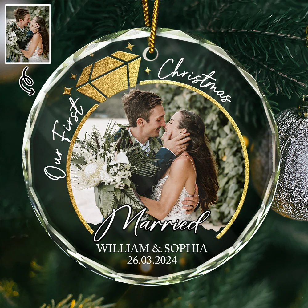 Custom Photo First Christmas Married Couple Ring - Personalized Circle Glass Ornament