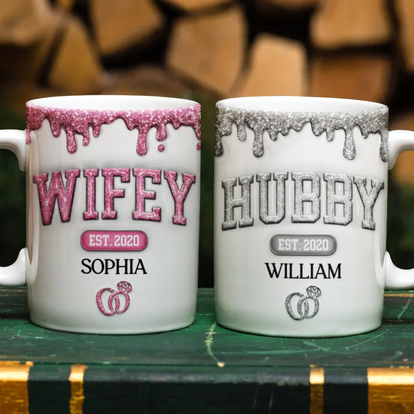 Gift For Couples,Gift For Husband,Gift For Wife,Happy - Wifey Hubby Est Couple 3D Inflated Effect Printed Mug, Personalized White Edge-to-Edge Mug