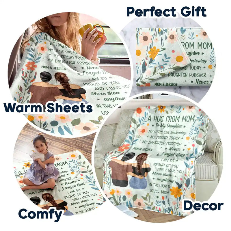 Gift For Mother, Gift For Daughter, Mom - Daughters (Adult), Happy - A Hug From Mom - Personalized Fleece Blanket, Sherpa Blanket