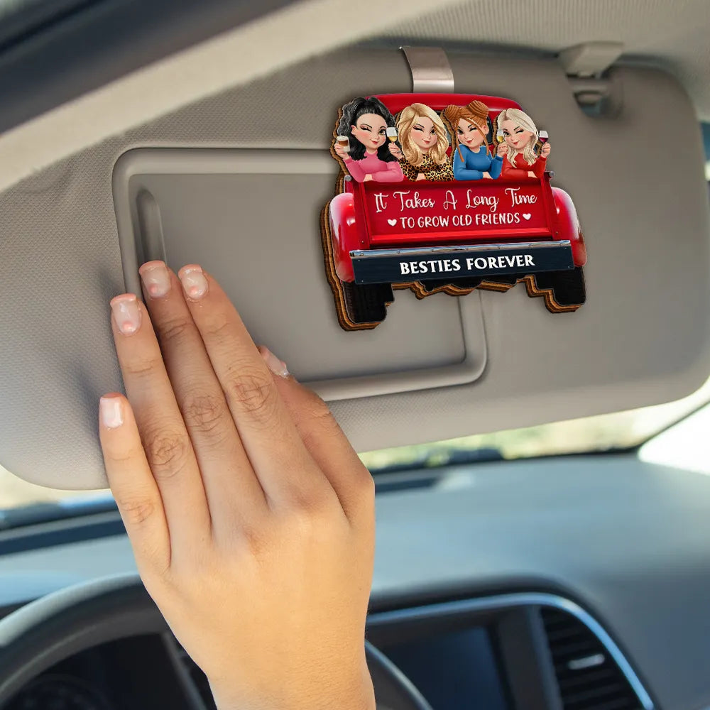 Gift For Bestie, Gift For Sisters, Love - A Journey Without An End 3D Effect Bestie Red Truck - Personalized Custom Shaped Car Visor Clip