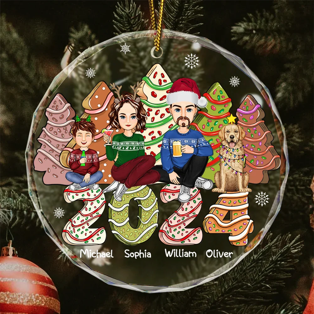 Family 2024 Cake, Cookie Trees Christmas Gift For Single Parent, Same Gender - Personalized Circle Glass Ornament