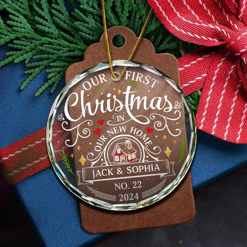 First Christmas In New Home Couples Family - Personalized Circle Glass Ornament