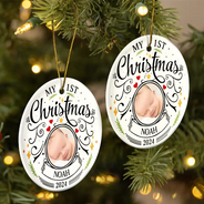 Custom Photo Baby First Christmas Parents - Personalized Circle Ceramic Ornament