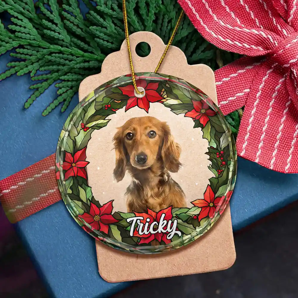 Custom Photo Pet Face Christmas Wreath Dog Cat Pet Memorial - Personalized Circle Glass Ornament