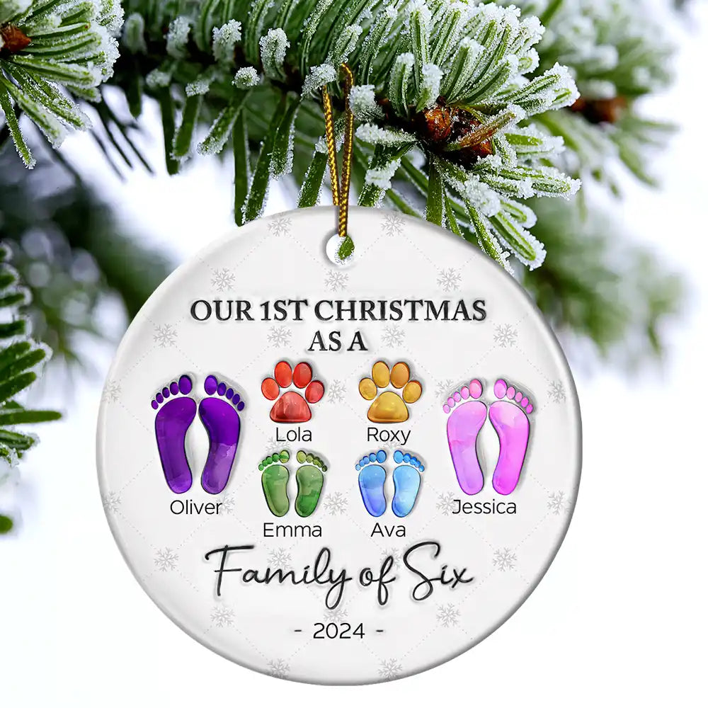 First Christmas As A Family Of Four Footprints - 3D Inflated Effect Printed Ornament, Personalized Circle Ceramic Ornament