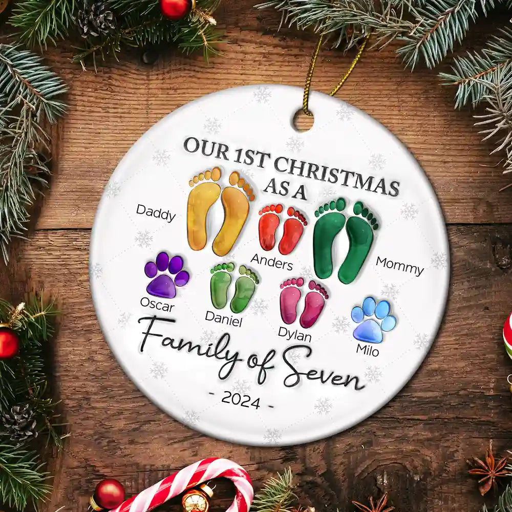 First Christmas As A Family Of Four Footprints - 3D Inflated Effect Printed Ornament, Personalized Circle Ceramic Ornament
