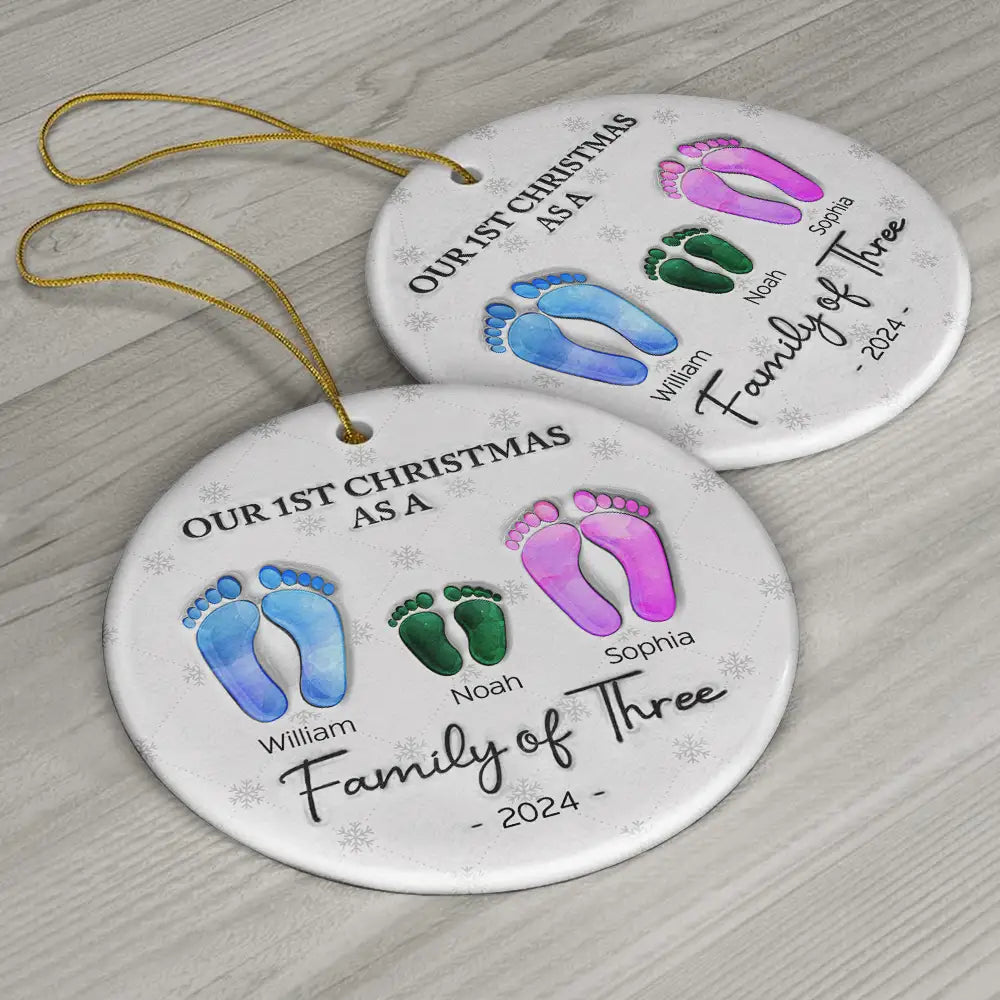 First Christmas As A Family Of Four Footprints - 3D Inflated Effect Printed Ornament, Personalized Circle Ceramic Ornament