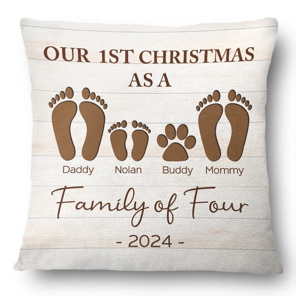 Family, Parents, Pet Lovers - First Christmas As A Family Of Four Footprints - Personalized Pillow