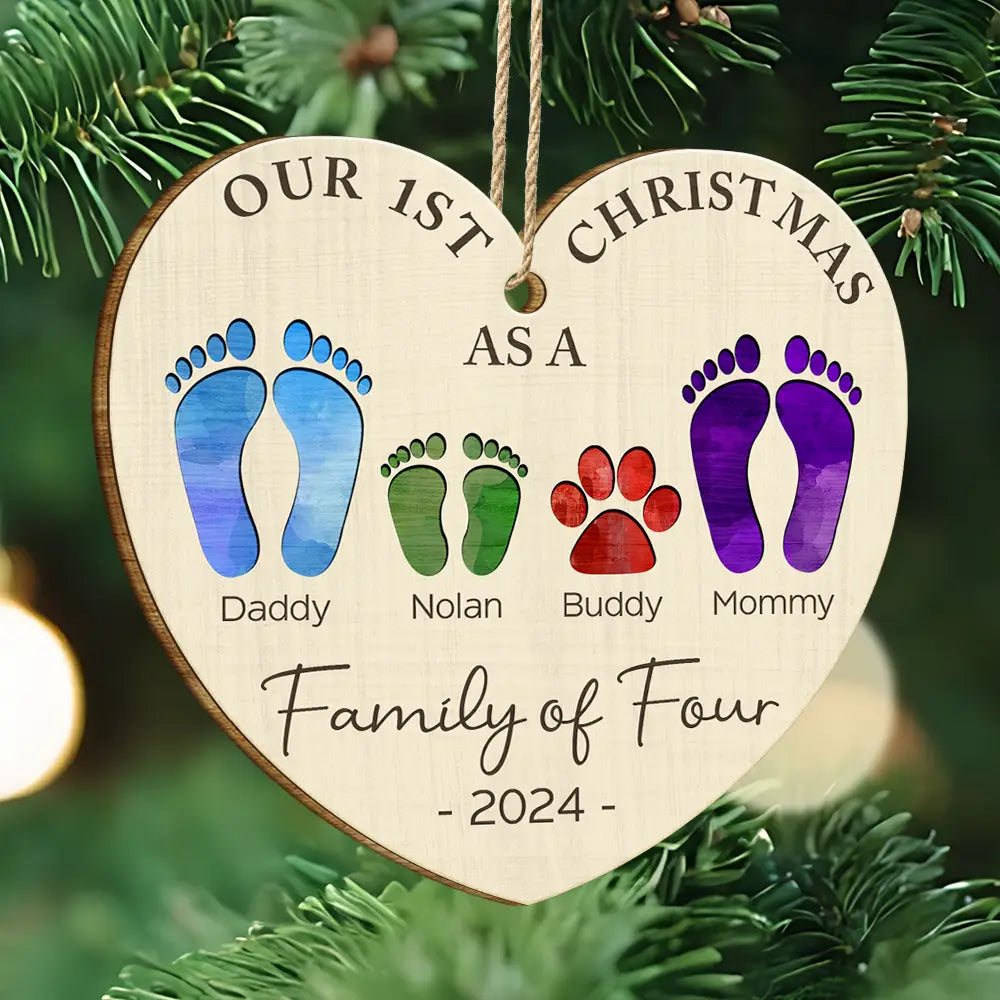First Christmas As A Family Of Four Color Footprints - Personalized Custom Shaped Wooden Ornament