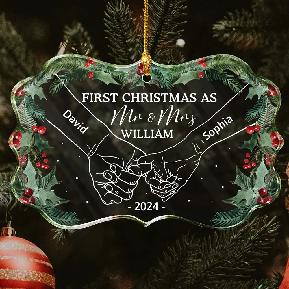 Holding Hands First Christmas As Mr & Mrs Couple - Personalized Medallion Glass Ornament