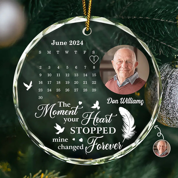 Family, Parents, Gift For Grandparents, Gift For Sibling - Custom Photo The Moment Your Heart Stopped Memorial Calendar - Personalized Circle Glass Ornament