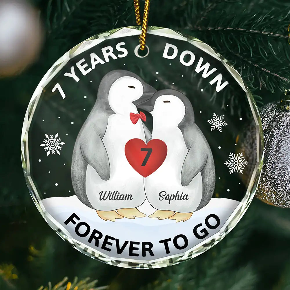 Forever To Go Penguin Couple - Personalized Circle Glass Ornament